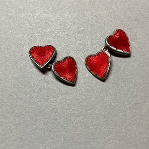 Vintage Red Heart enamel guilloche silver plated Cuff Links